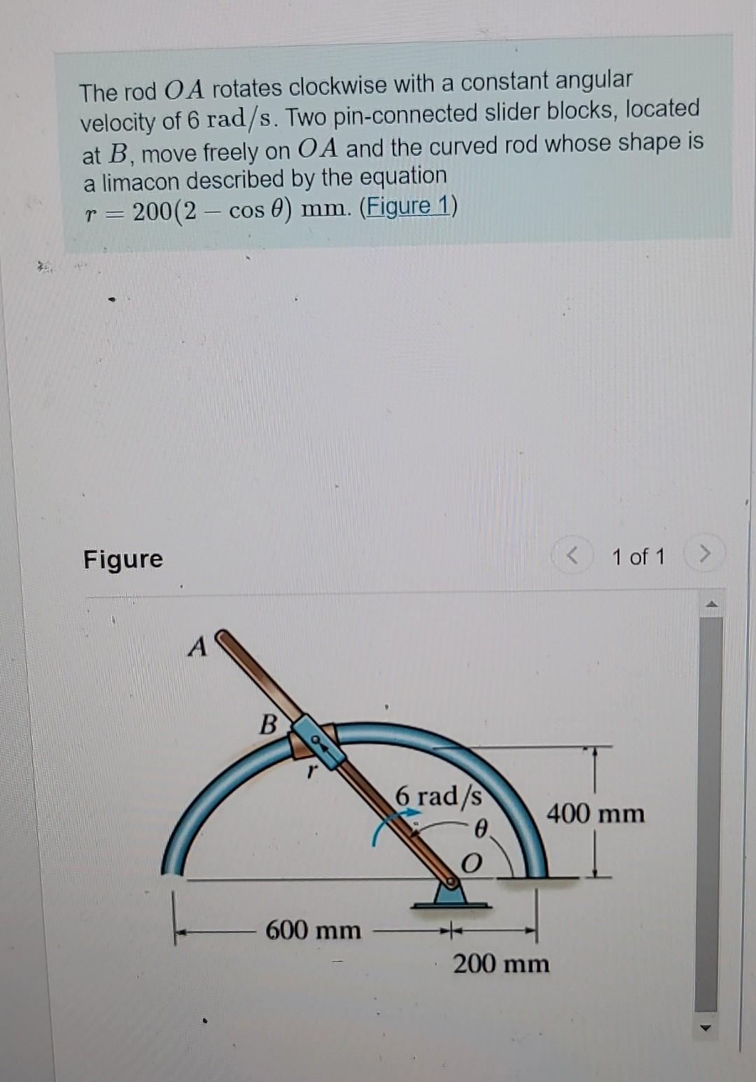 The rod \( O A \) rotates clockwise with a constant angular velocity of \( 6 \mathrm{rad} / \mathrm{s} \). Two pin-connected