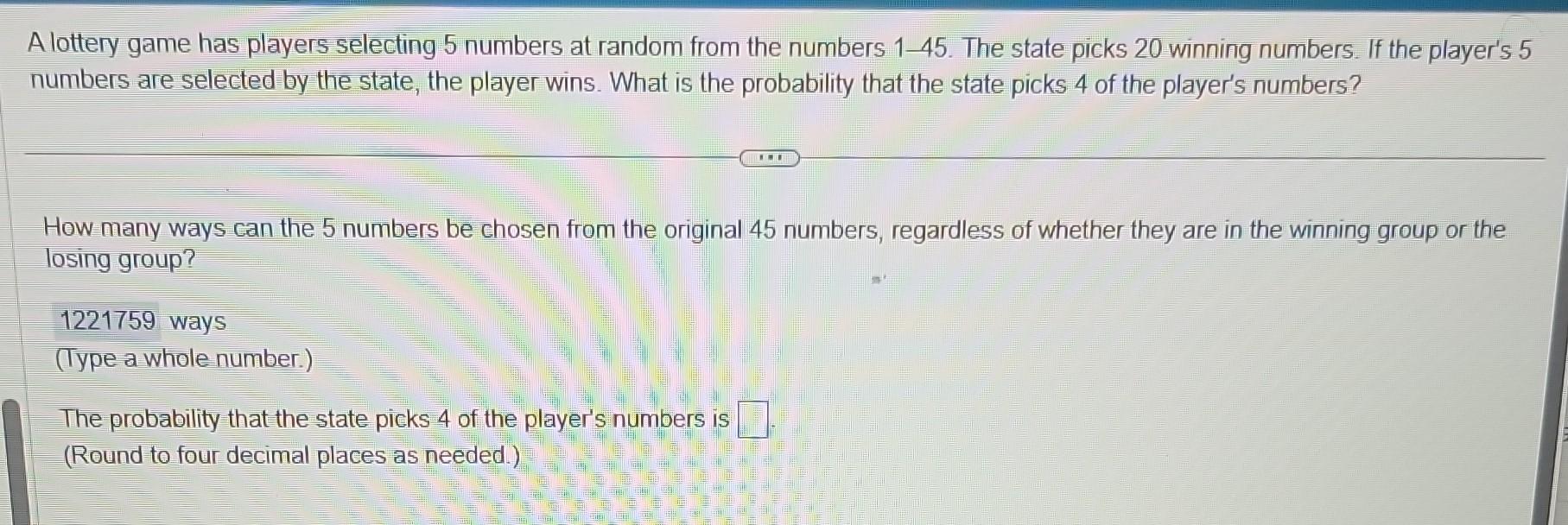 Solved A Lottery Game Has Players Selecting 5 Numbers At | Chegg.com