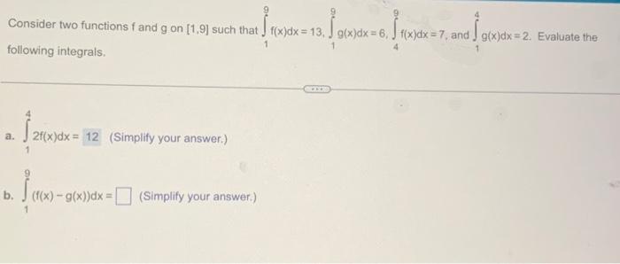 Solved Consider two functions f and g on [1,9] such that | Chegg.com
