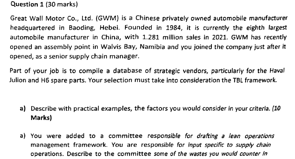 Solved Question 1 (30 ﻿marks)Great Wall Motor Co., | Chegg.com