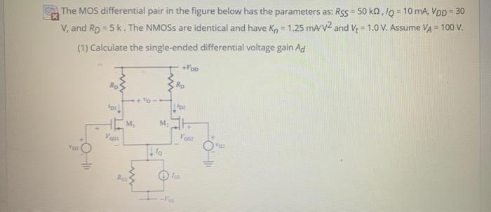 Solved The MOS differential pair in the figure below has the | Chegg.com