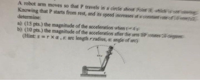 Solved A robot arm moves so that travels in a circle about | Chegg.com