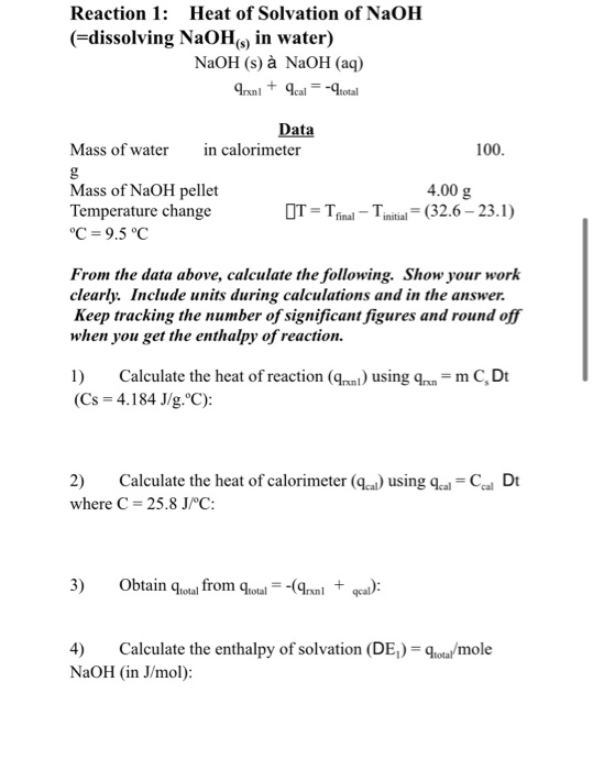 Solved Reaction 1 Heat Of Solvation Of Naoh Dissolving Chegg Com