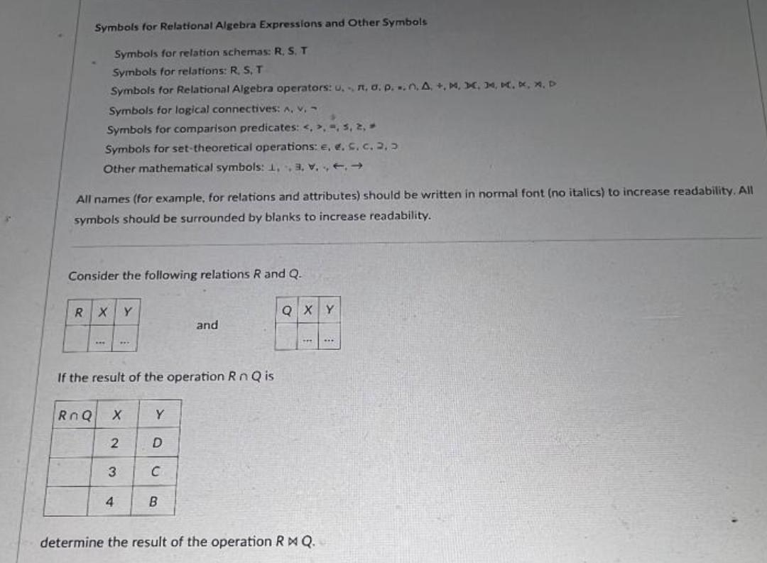 Solved Symbols for Relational Algebra Expressions and Other | Chegg.com