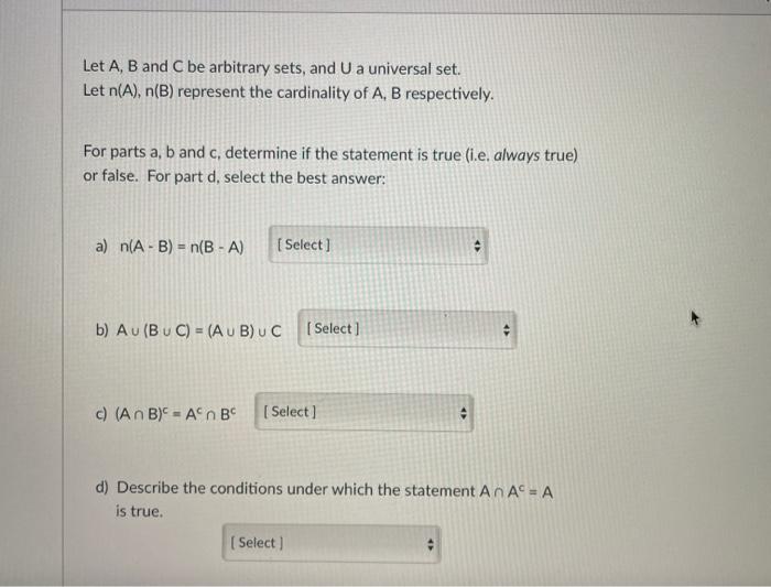 Solved Let A, B And C Be Arbitrary Sets, And U A Universal | Chegg.com