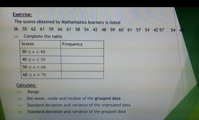 Solved 54 42 Exercise: The scores obtained by Mathematics | Chegg.com