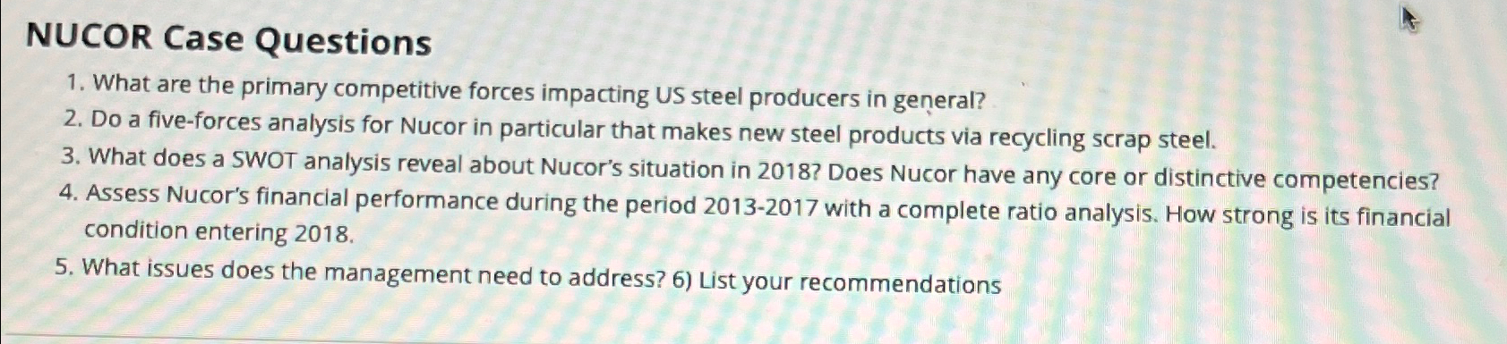 Solved NUCOR Case QuestionsWhat are the primary competitive | Chegg.com