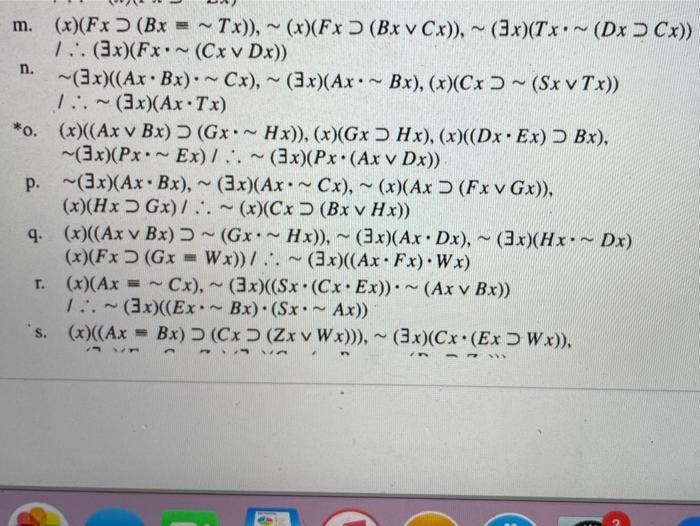 Solved n. m. (x)(Fx (Bx = ~ Tx)), ~ (x)(Fx (Bx v Cx)), ~ | Chegg.com