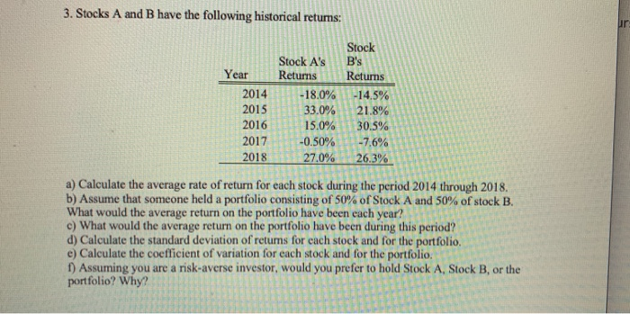 Solved 3. Stocks A And B Have The Following Historical | Chegg.com