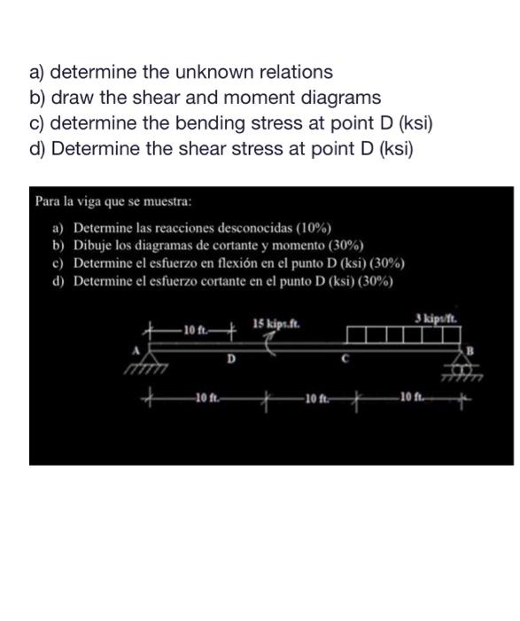 a) determine the unknown relations b) draw the shear and moment diagrams c) determine the bending stress at point \( D \) (ks