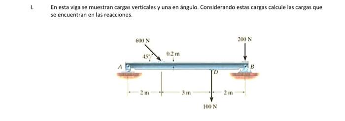 En esta viga se muestran cargas verticales y una en ángulo. Considerando estas cargas calcule las cargas que se encuentran en