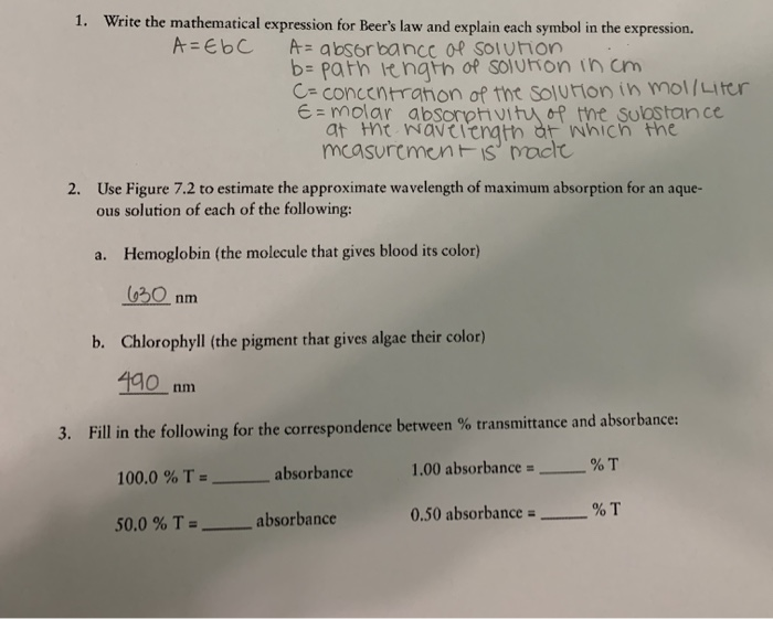Solved 1. Write the mathematical expression for Beer's law