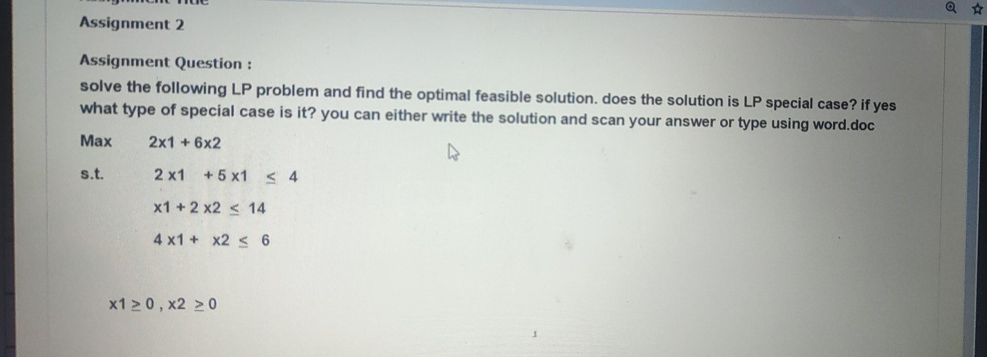 Solved Assignment Question : Solve The Following LP Problem | Chegg.com