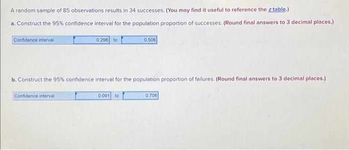 Solved A random sample of 85 observations results in 34 | Chegg.com