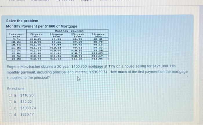 Solved Solve the problem. Monthly Payment per $1000 of | Chegg.com