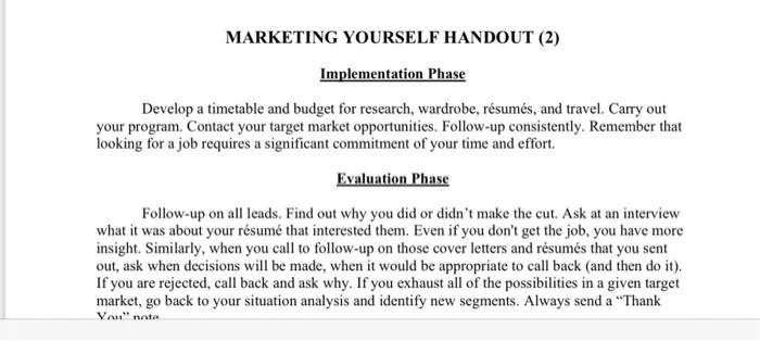 marketing yourself handout assignment