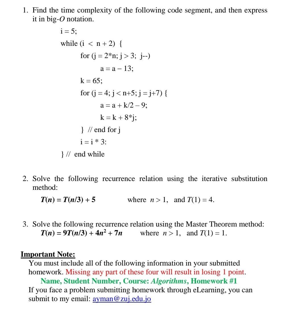Solved 1. Find the time complexity of the following code | Chegg.com