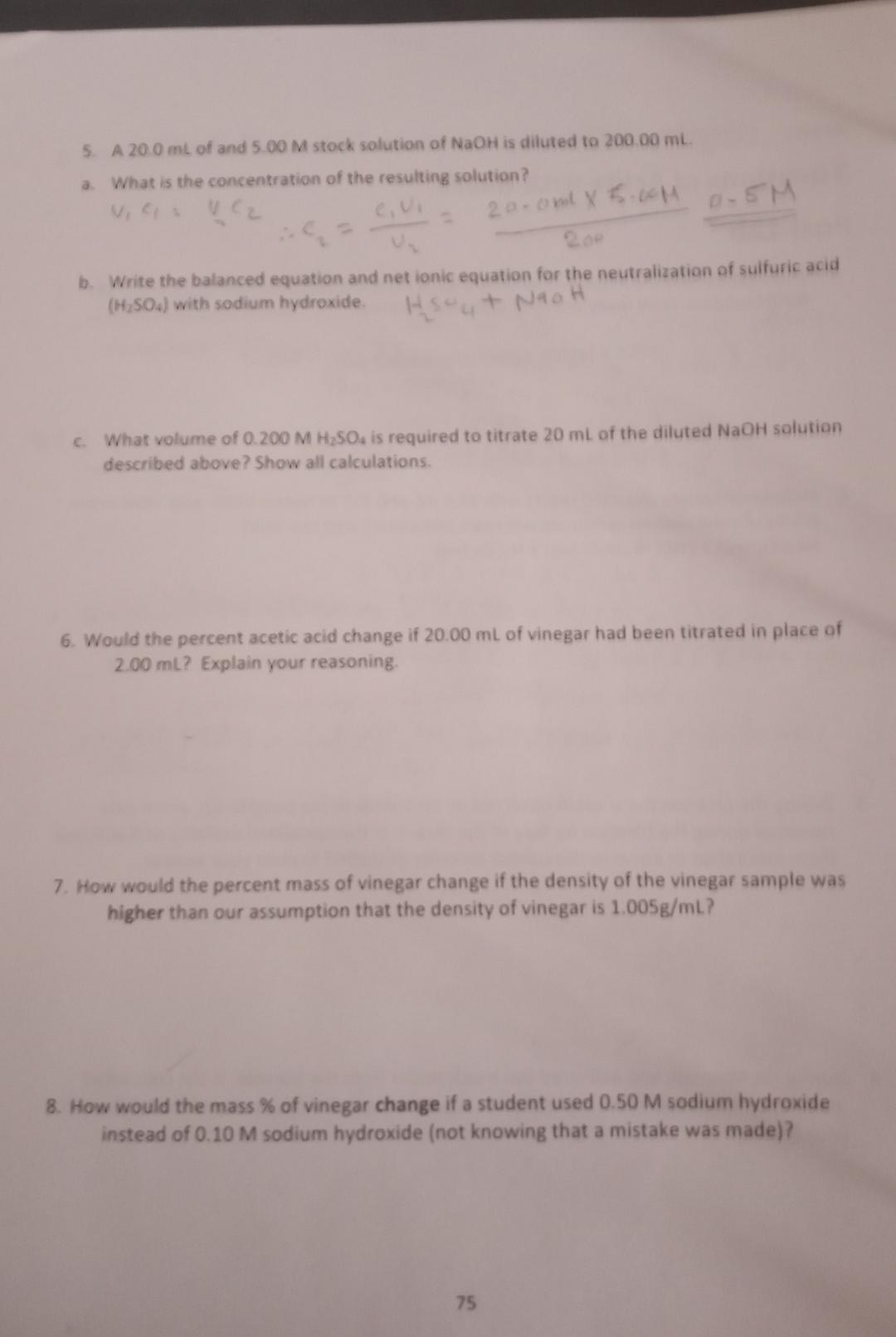 Solved 5. A 20.0 mL of and 5.00M stock solution of NaOH is