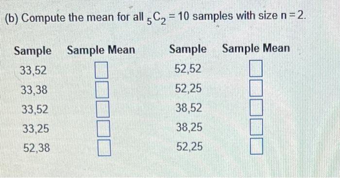 Solved (b) Compute the mean for all 5C2=10 samples with size | Chegg.com