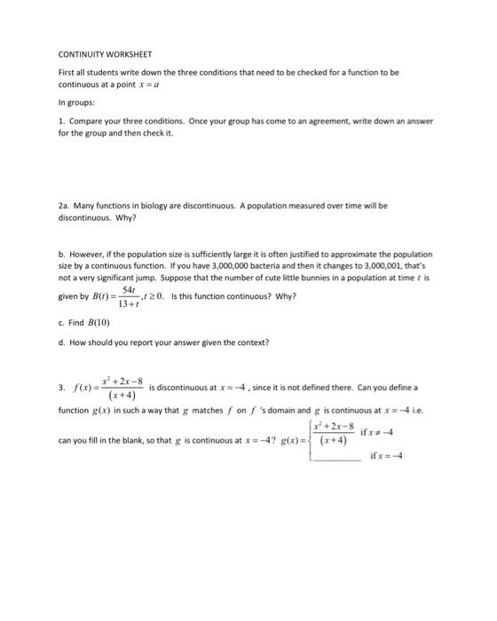 Solved CONTINUITY WORKSHEET First all students write down | Chegg.com
