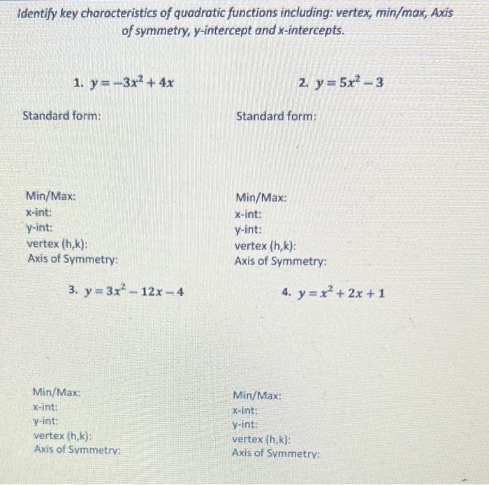 Solved Identify key characteristics of quadratic functions | Chegg.com