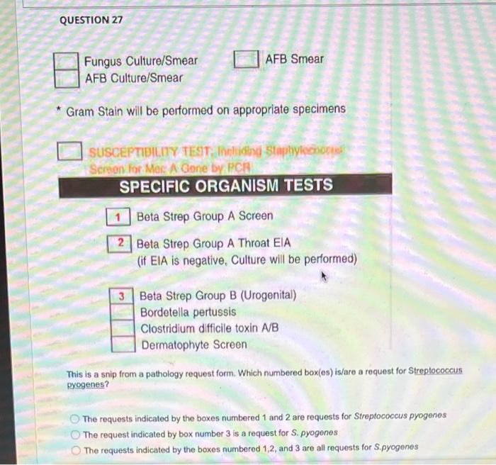 Fungus Culture/Smear
AFB Smear AFB Culture/Smear
Gram Stain will be performed on appropriate specimens
Screven for Mase A Gon