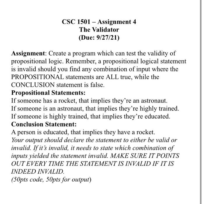 Solved CSC 1501 - Assignment 4 – The Validator (Due: | Chegg.com