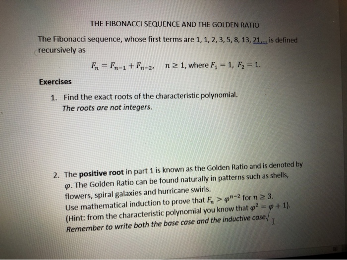 Solved THE FIBONACCI SEQUENCE AND THE GOLDEN RATIO The | Chegg.com