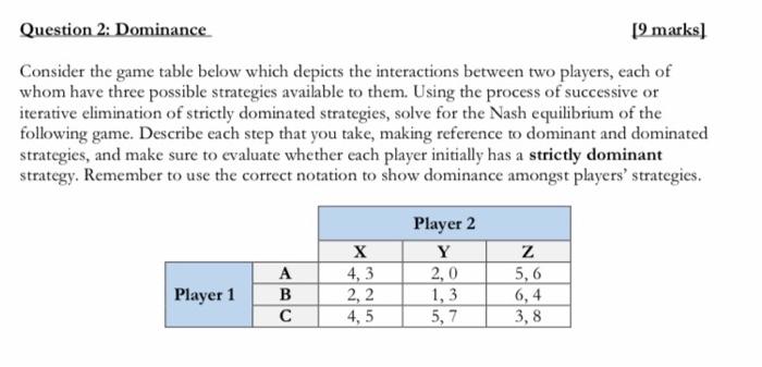 Solved Question 2: Dominance [9 marks) Consider the game | Chegg.com