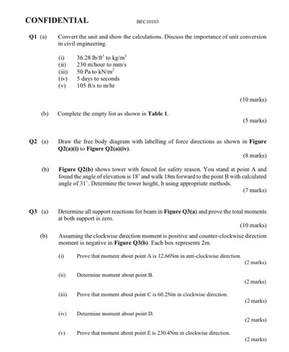 Solved CONFIDENTIAL Q1 (a) BFC10103 Convert the unit and | Chegg.com