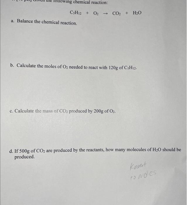 Solved 1. Given the following chemical reaction: C5H12 + O2 | Chegg.com