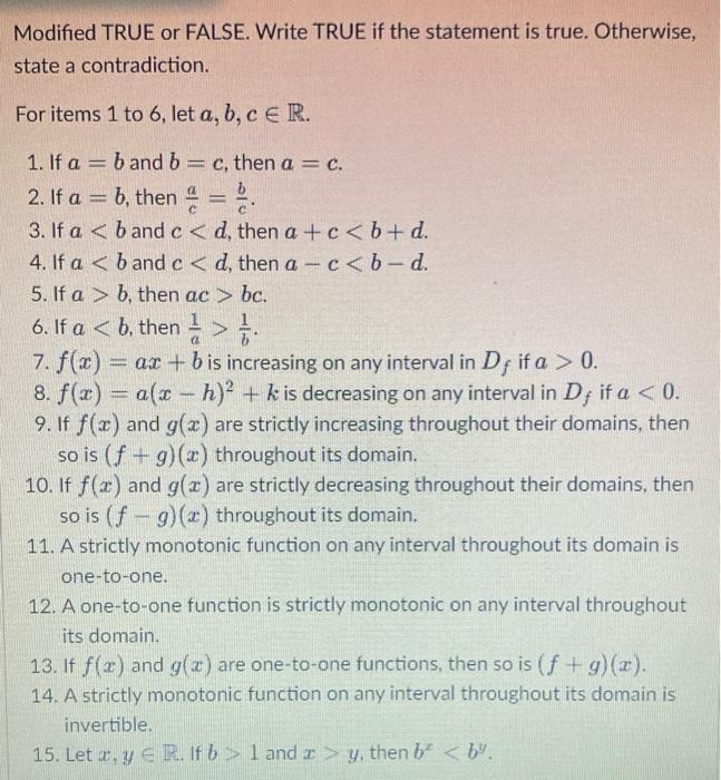 Solved Modified TRUE Or FALSE. Write TRUE If The Statement | Chegg.com