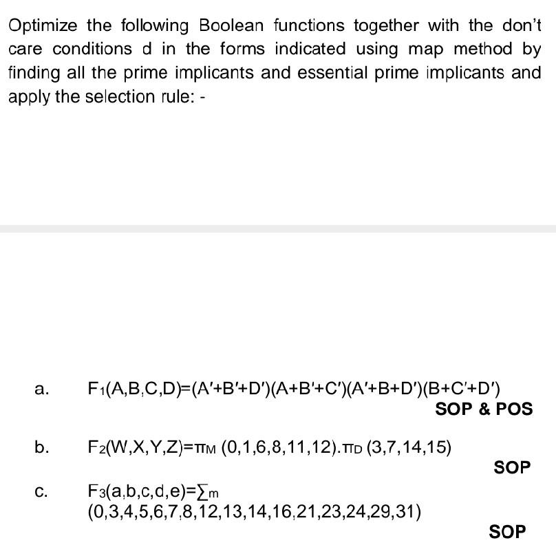 Solved Optimize The Following Boolean Functions Together | Chegg.com