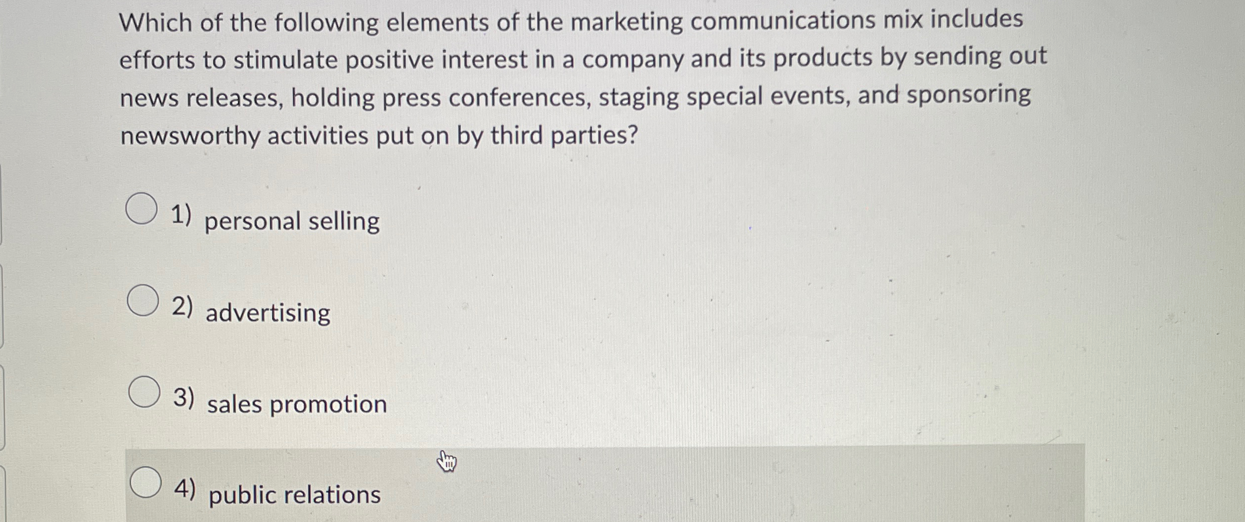 Solved Which of the following elements of the marketing | Chegg.com