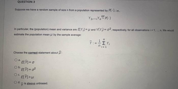 Solved QUESTION 3 Suppose we have a random sample of size n | Chegg.com