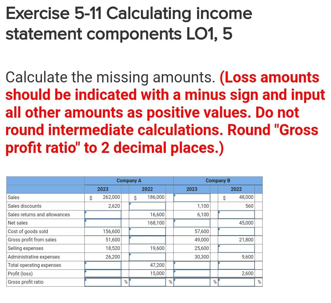Solved Exercise 5-11 Calculating income statement components | Chegg.com