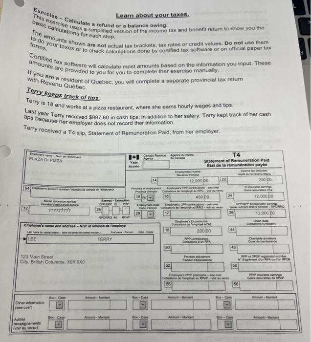 Learn about your taxes. This exercise - Calculate a | Chegg.com