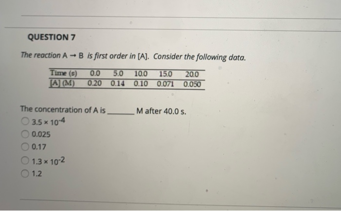 Solved QUESTION 7 The Reaction A - B Is First Order In [A]. | Chegg.com