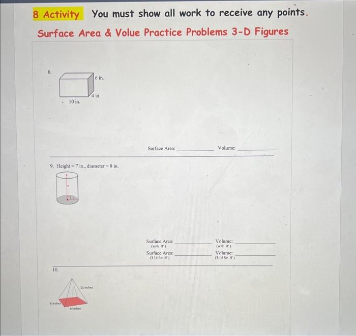 Solved 8 Activity You must show all work to receive any | Chegg.com