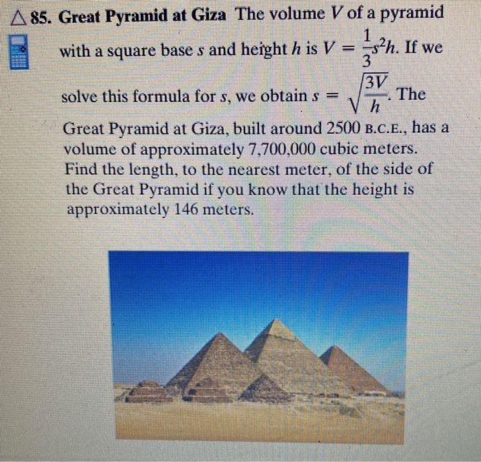 A85. Great Pyramid at Giza The volume V of a pyramid | Chegg.com