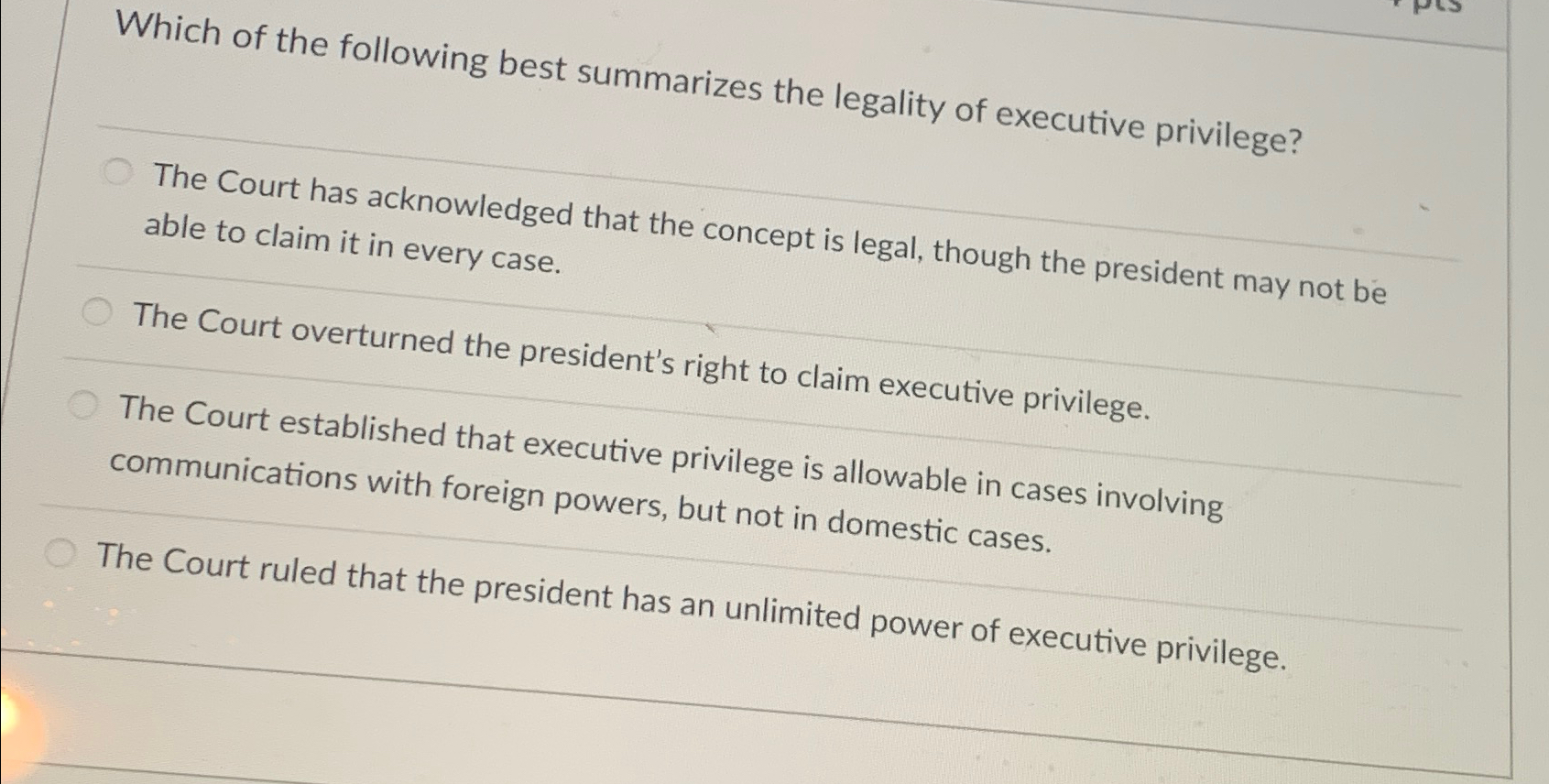 Solved Which Of The Following Best Summarizes The Legality | Chegg.com