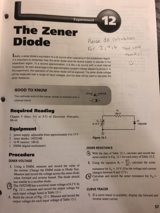Solved Experiment 12 The Zener Diode Please do calculations