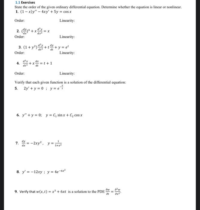 Solved 1.1 Exercises State the order of the given ordinary | Chegg.com