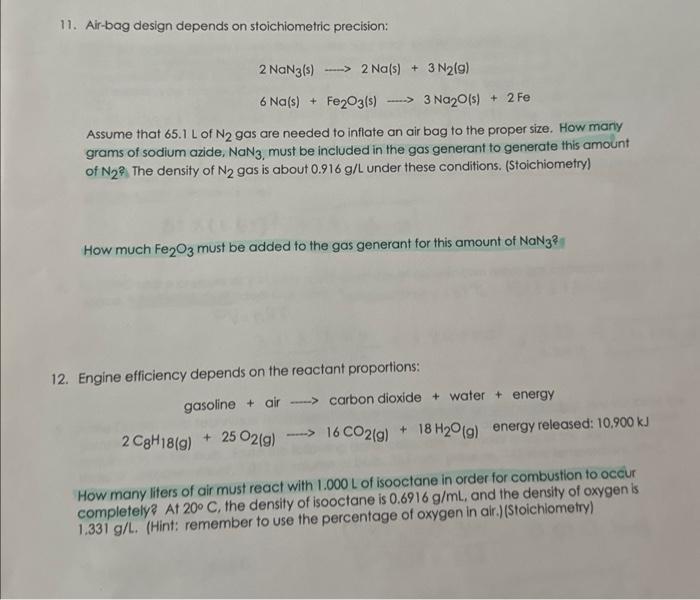 Solved 11. Air-bag design depends on stoichiometric | Chegg.com