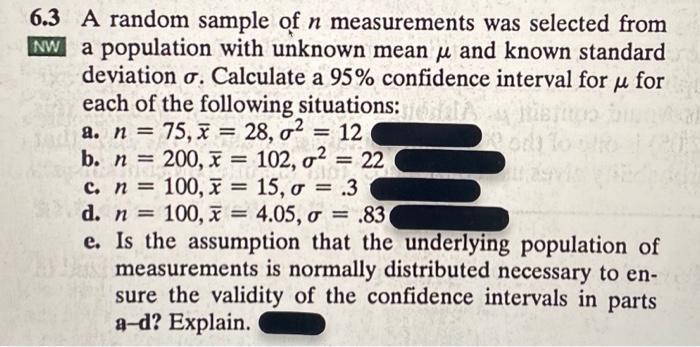 Solved 6.3 A random sample of n measurements was selected | Chegg.com