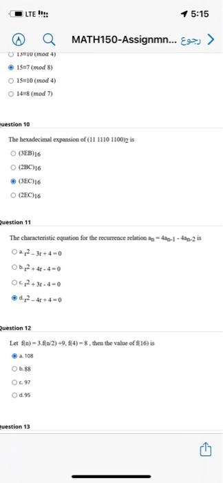 Solved LTE :: 1 5:15 MATH150-Assignmn... Es>>> 1310 Mod 4) | Chegg.com