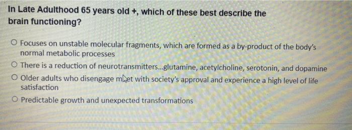 In Late Adulthood 65 years old +, which of these best describe the
brain functioning?
O Focuses on unstable molecular fragmen