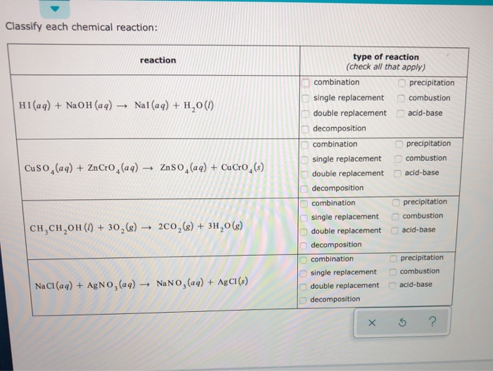 Solved Classify Each Chemical Reaction Reaction Type Of 9002