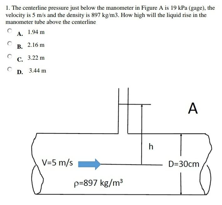 Solved 1. The centerline pressure just below the manometer | Chegg.com