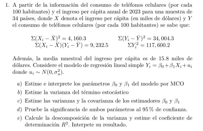 1. A partir de la información del consumo de teléfonos celulares (por cada 100 habitantes) y el ingreso per cápita anual de 2